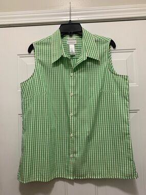 3/$15 Liz Claiborne 100% Cotton Green Gingham Sleeveless No Iron Shirt
